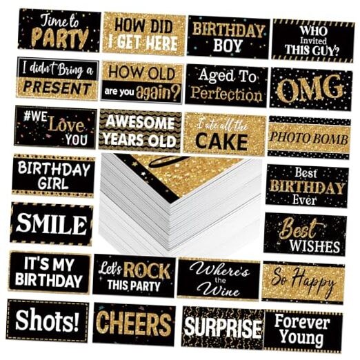 24 Designs Photo Booth Props Double Sided 11×5.5 Inch Black Gold Birthday