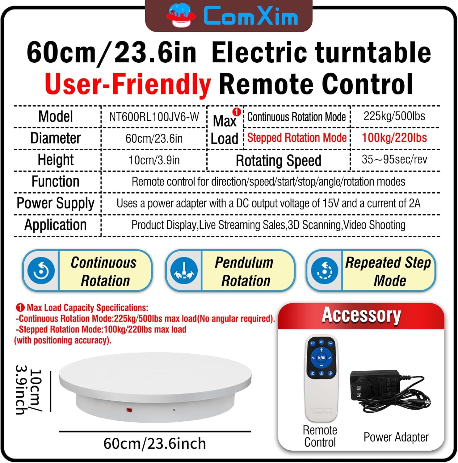 Motorized Electric Turntable 23.6in Remote Photography 500lbs