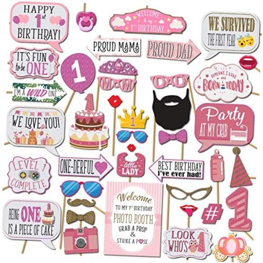 1st Birthday Girl Photo Booth Props – 41-pc Photobooth Kit with 8 x 10-Inch