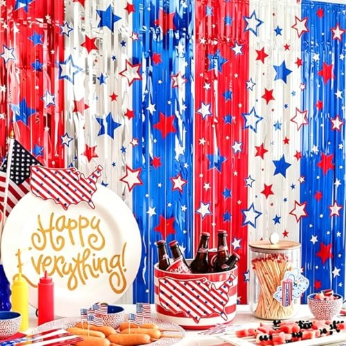 3 Pack 4th of July Decorations 3.3 x 6.6 Ft Patriotic Party Fringe Curtain