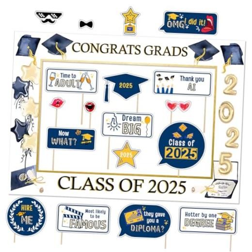 Graduation Selfie Photo Booth Frame with 18Pcs Props, Blue Gold Congrats Photo