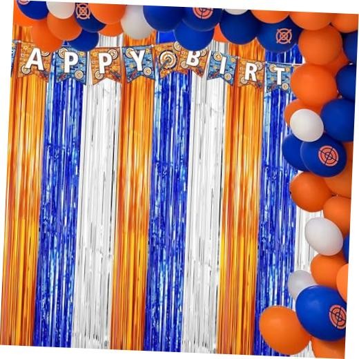 Dart War Party Photo Booth Props Backdrop Orange Blue Sliver Foil Fringe