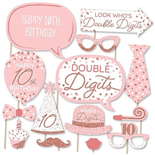 10th Pink Rose Gold Birthday – Happy Birthday Party Photo Booth Props Kit –