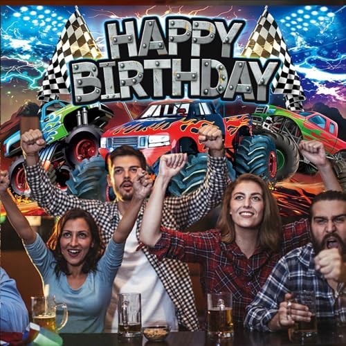 Monster Truck Birthday Backdrop, 5.9×3.6Ft Happy Birthday Banner for Truck