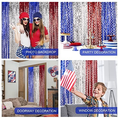 4th of July Decorations,Red White and Blue Wave Tinsel Foil Fringe 3 Pack