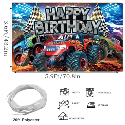 Monster Truck Birthday Backdrop, 5.9×3.6Ft Happy Birthday Banner for Truck