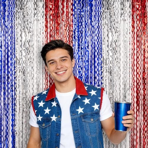 4th of July Decorations,Red White and Blue Wave Tinsel Foil Fringe 3 Pack