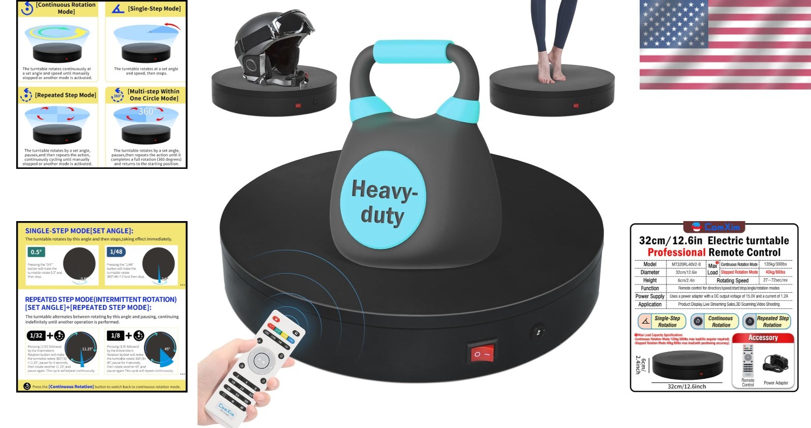 Heavy Duty 12.6″ Motorized Turntable 300lbs Load Remote Control 360° Photography