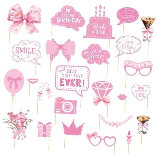 Pink Bow Party Decorations Photo Booth Props Signs,25pcs Pink Bow Birthday