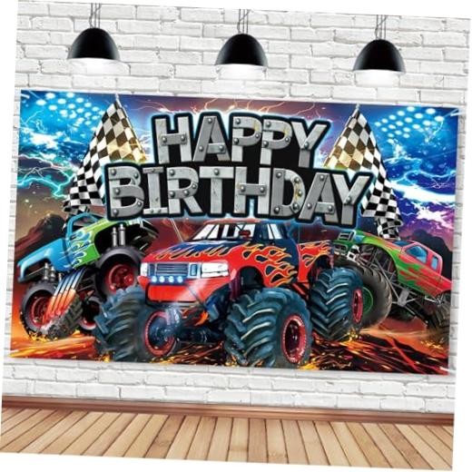 Monster Truck Birthday Backdrop, 5.9×3.6Ft Happy Birthday Banner for Truck