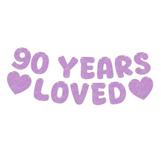 Pre-Strung 90 Years Loved Banner – Glitter Happy 90th Birthday Light Purple