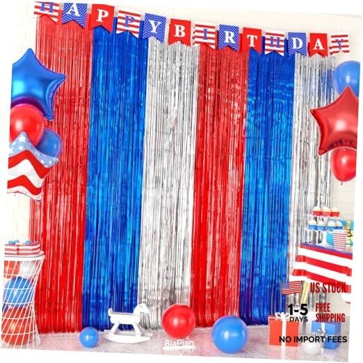 Blue Red Silver Foil Fringe Curtains, 2 Pack Metallic Tinsel Red Blue Silver