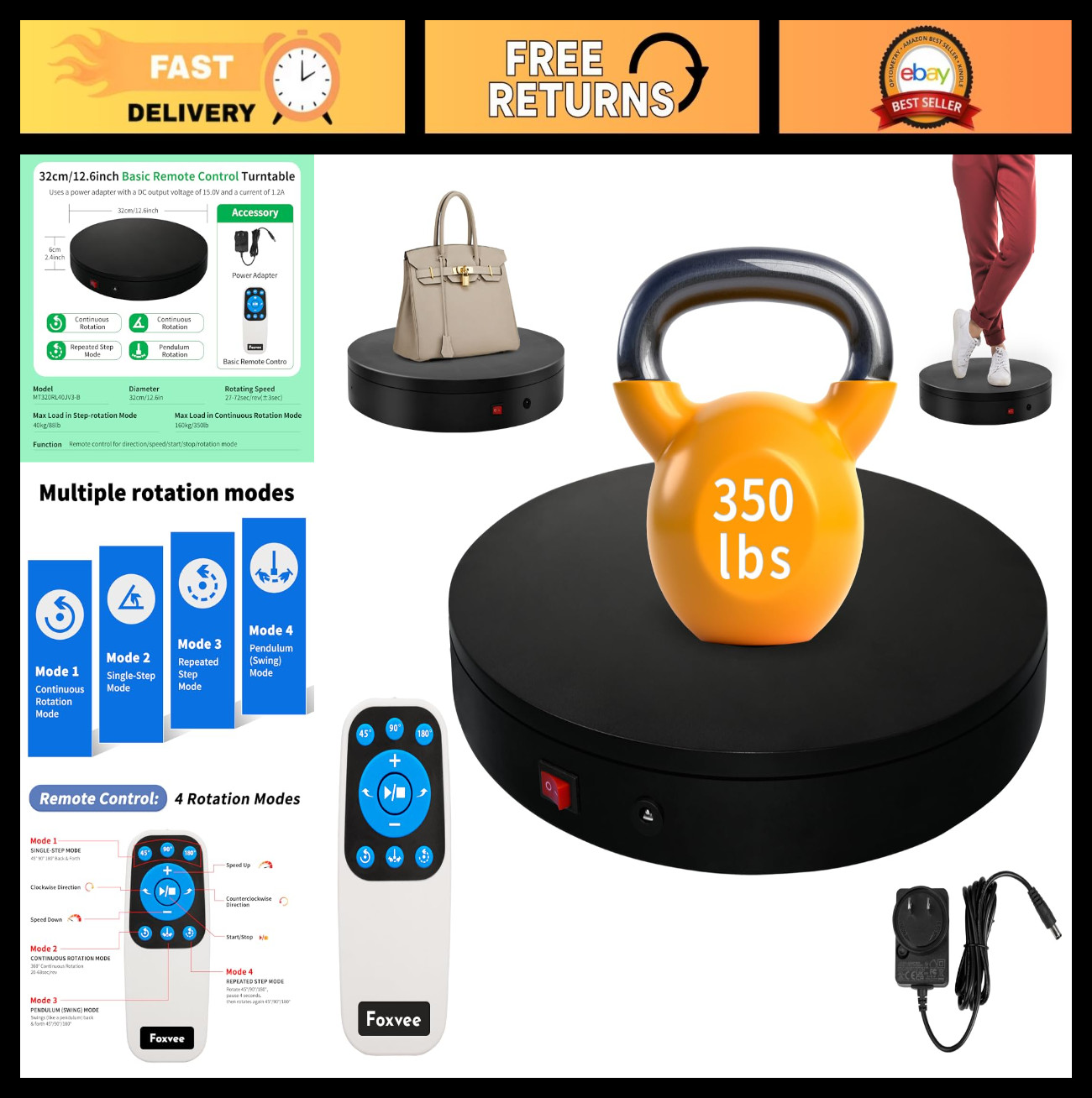 Motorized 360° Rotating Display Turntable – Remote Control, Speed Adjustable, 12