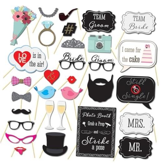 31 Pcs Wedding Photo Booth Props with Sticks,Funny Party Selfie Wedding-31pcs