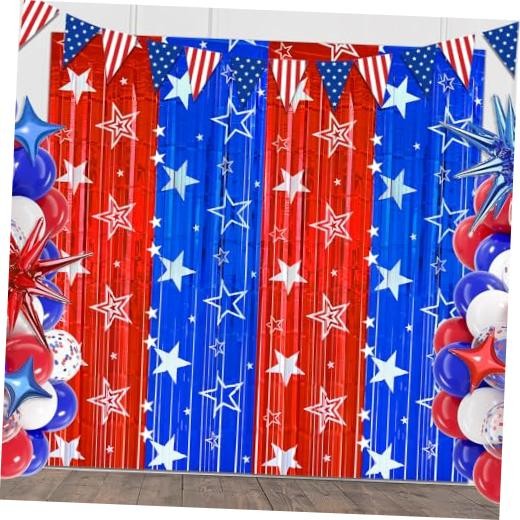 4th of July Backdrop Decorations, 2 Pack Star Print Red Blue 6.56*6.56ft