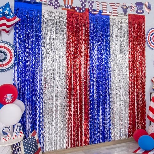 4th of July Decorations,Red White and Blue Wave Tinsel Foil Fringe 3 Pack