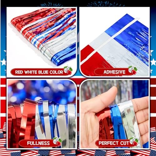 Election Day Decorations, 3 Pack Red White and Blue Tinsel Foil Fringe