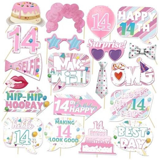 20 Pcs Girl Birthday Photo Booth Props Kit, Pink Fourteen Birthday Party 14th