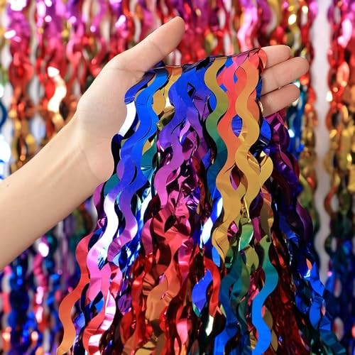 3 Pack Colorful Foil Fringe Curtain Backdrop – 6.6 x 3.3 ft Wavy Tinsel Rainbow