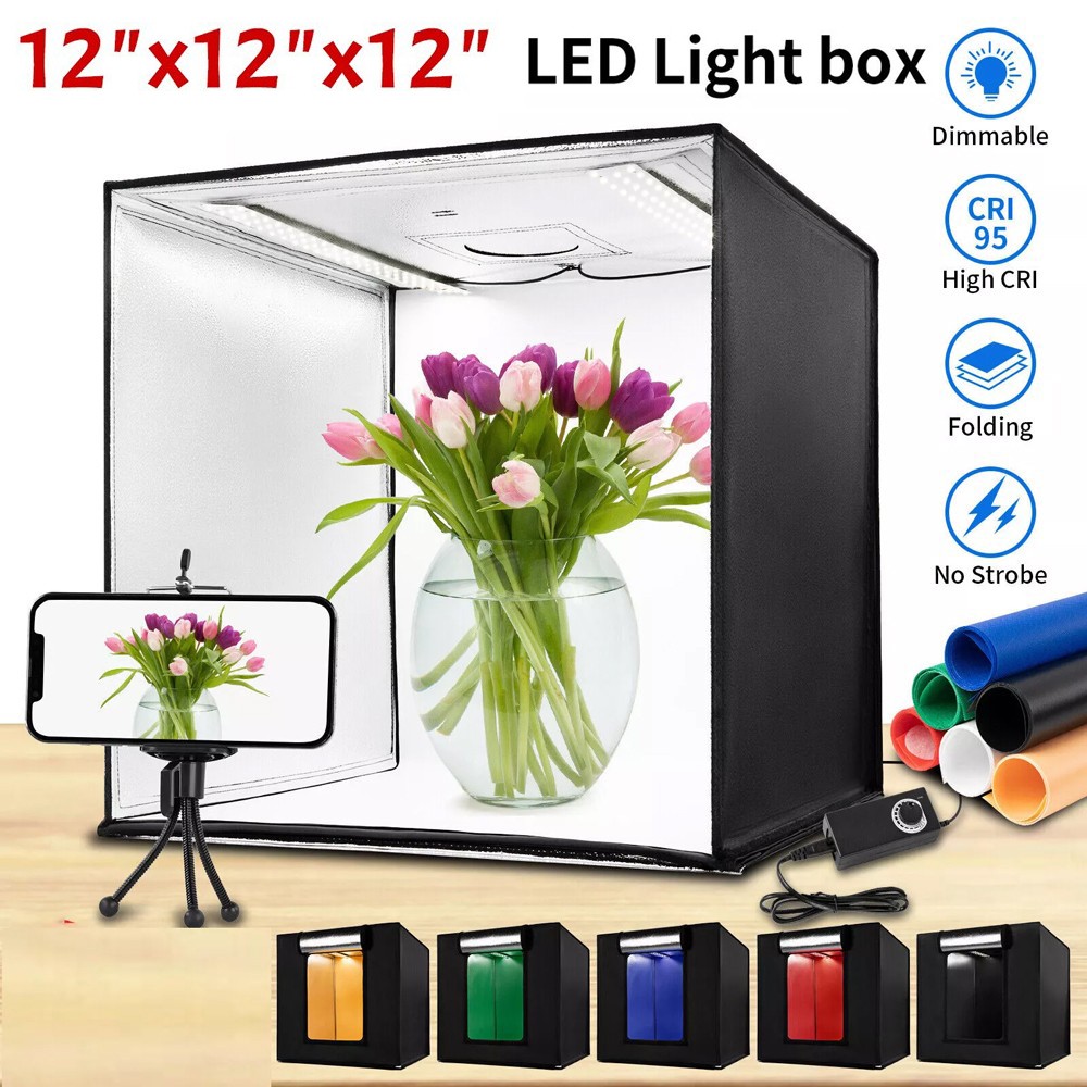 12″ Large LED Light Box Photo Tent Dimmable Photography Studio Shooting Backdrop