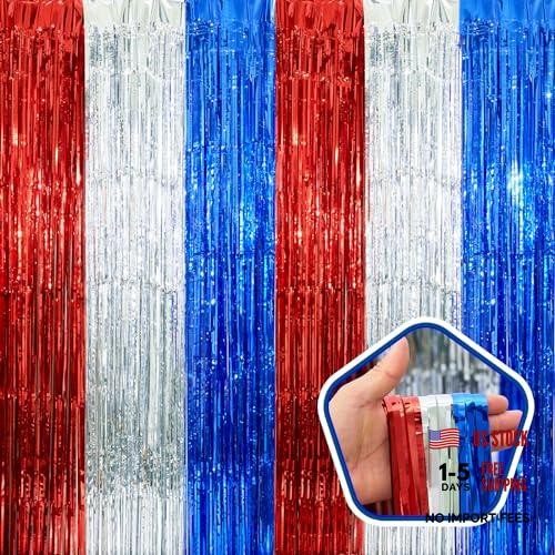 Election Day Decorations, 3 Pack Red White and Blue Tinsel Foil Fringe