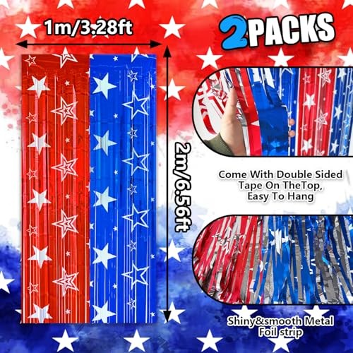 4th of July Backdrop Decorations, 2 Pack Star Print Red Blue 6.56*6.56ft