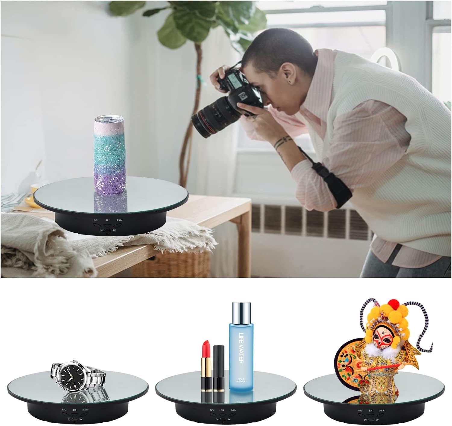 360° Rotating Display Stand Photography Turntable with Remote 5 PVC Backgrounds