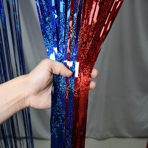 Tinsel Foil Fringe Curtains for 4th of July Decorations | Metallic Red Blue