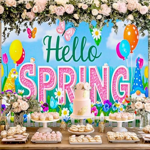 Spring Gnome Backdrop 8x6ft Hello Spring Garden Party Hello Spring Backdrop#02