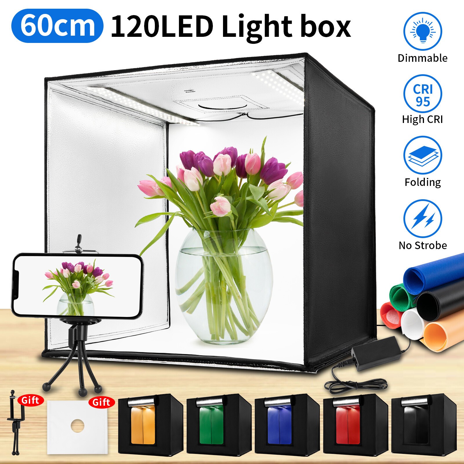 24″ Large LED Light Box Photo Tent Dimmable Photography Studio Shooting Portable