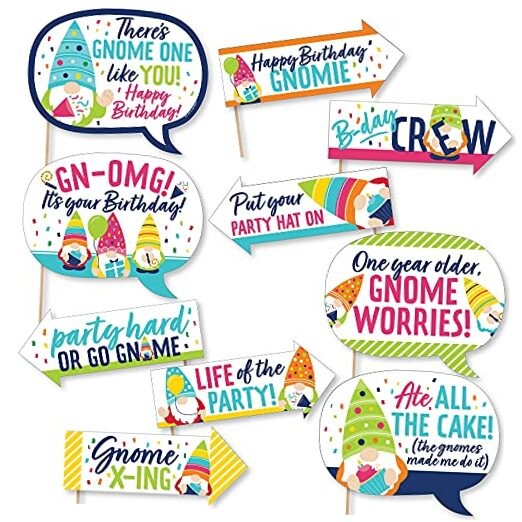 Funny Gnome Birthday – Happy Birthday Party Photo Booth Props Kit – 10 Piece