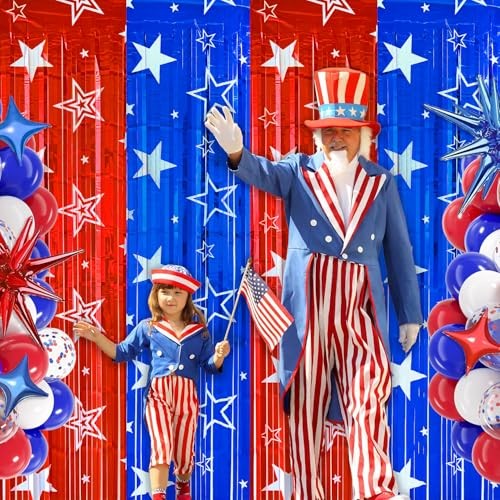4th of July Backdrop Decorations, 2 Pack Star Print Red Blue 6.56*6.56ft