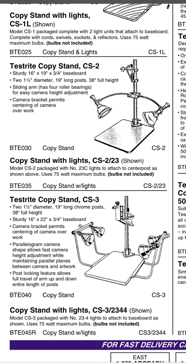 TESTRITE CS-2 COPYSTAND Model 23c COPYLIGHT – Photo Lighting Enlargement Stand