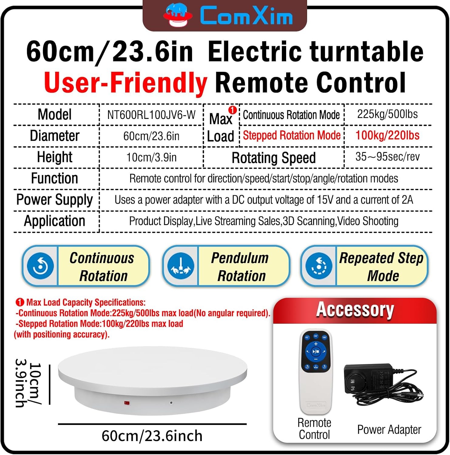Motorized Electric Turntable 23.6in Remote Photography 500lbs