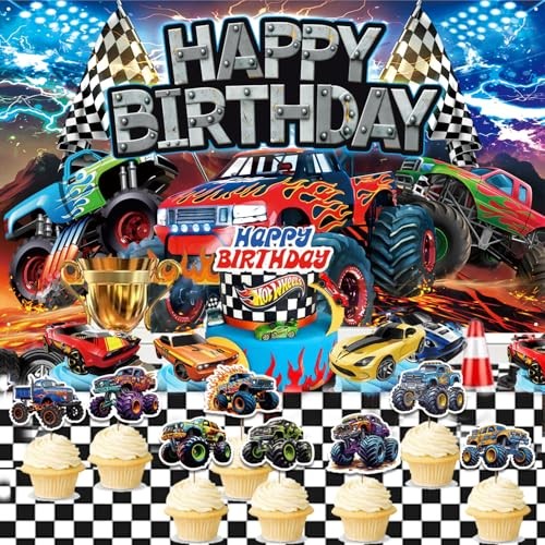 Monster Truck Birthday Backdrop, 5.9×3.6Ft Happy Birthday Banner for Truck