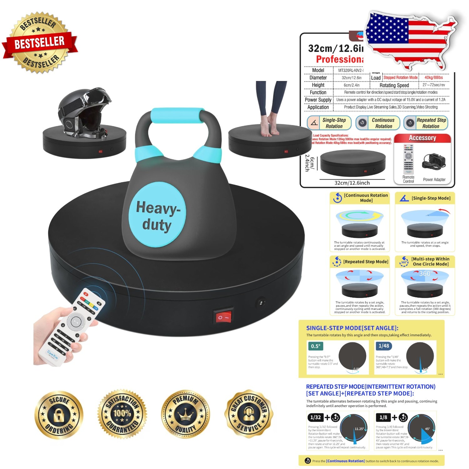 Heavy Duty 12.6″ Motorized Turntable 300lbs Load Remote Control 360° Photography