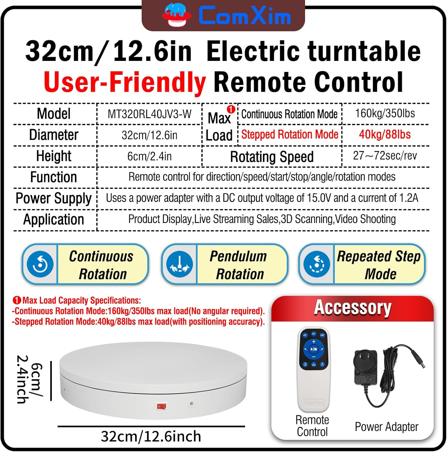 12.6Inch/350Lbs Capacity Large Rotating Platform,Remote Rotating Display Stand ,