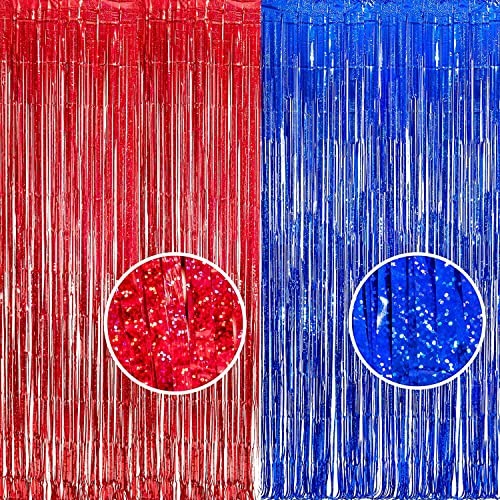 Tinsel Foil Fringe Curtains for 4th of July Decorations | Metallic Red Blue