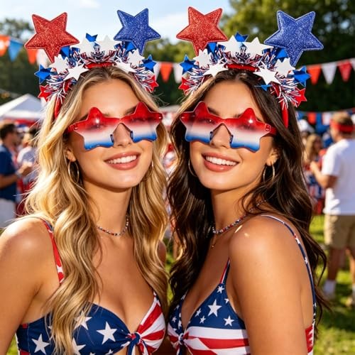 4th of July Patriotic Headband and Star Sunglasses Set Red White 4th of July-1