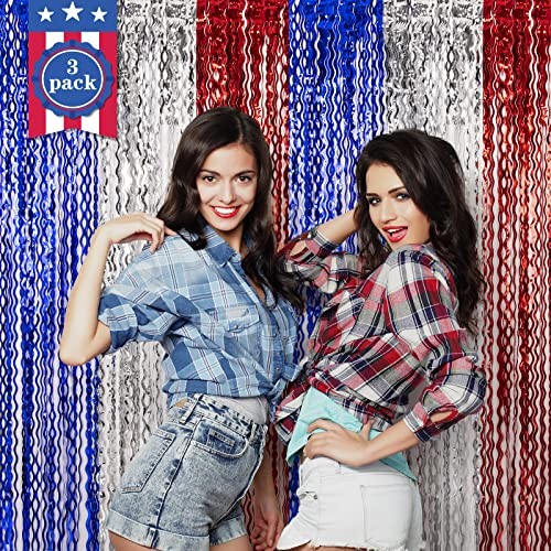 4th of July Decorations,Red White and Blue Wave Tinsel Foil Fringe 3 Pack