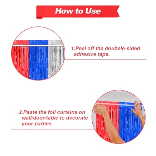 Blue Red Silver Foil Fringe Curtains, 2 Pack Metallic Tinsel Red Blue Silver