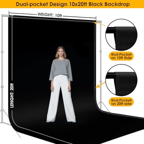 Backdrop for Photography, Dual-Size Dual-Pocket Design Photo 10x20ft Black